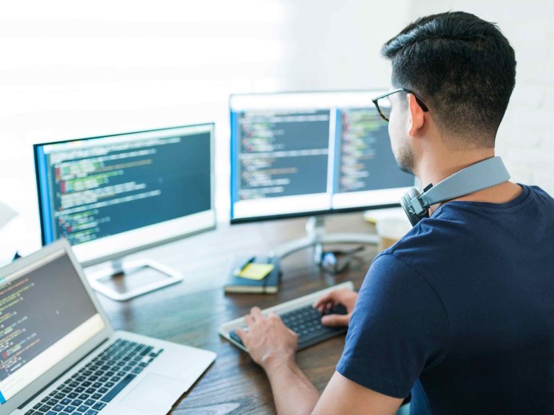 Rear view of young Latin software developer programming while working from home